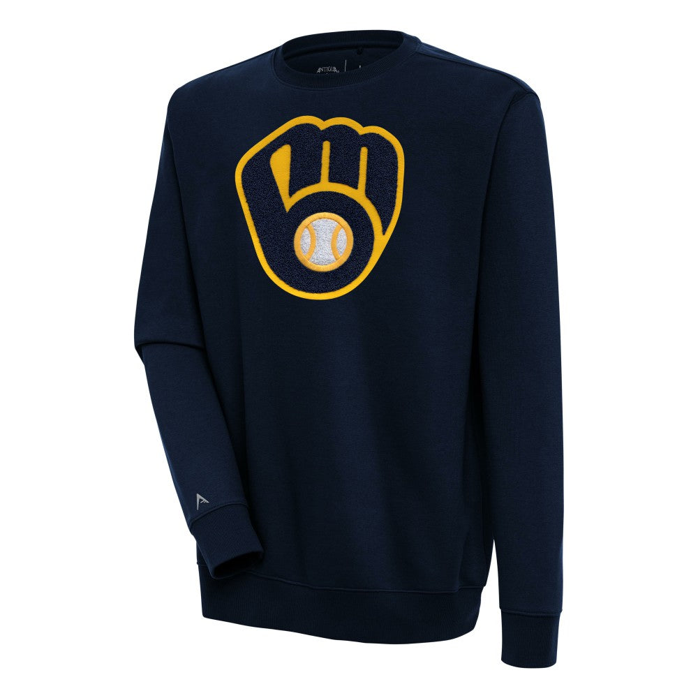 Milwaukee Brewers Antigua Victory Crewneck Chenille Pullover Sweatshirt Navy