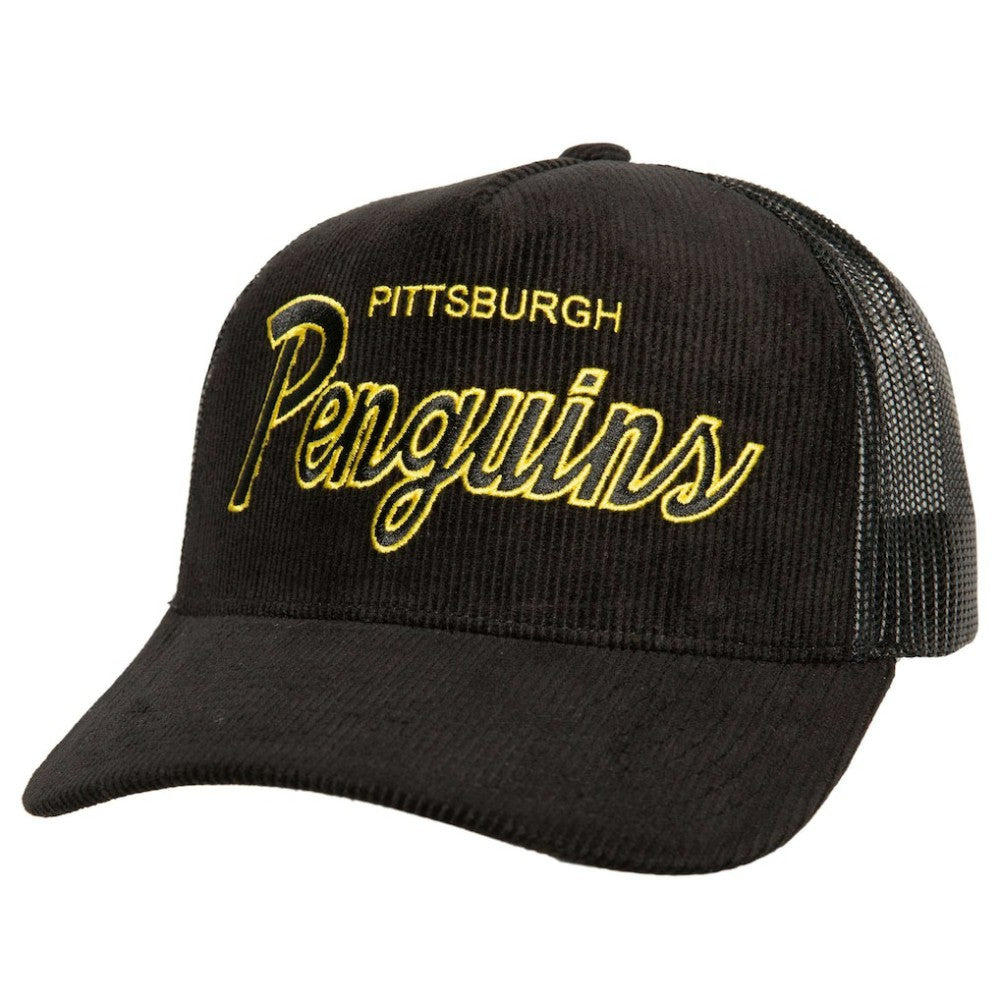 Pittsburgh Penguins Mitchell & Ness Times Up Classic Script Cord Trucker Adjustable Hat - Black Hats