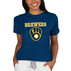 Milwaukee Brewers Concepts Sport Women's Tri-Blend Mainstream Terry Short Sleeve Sweatshirt Top Navy