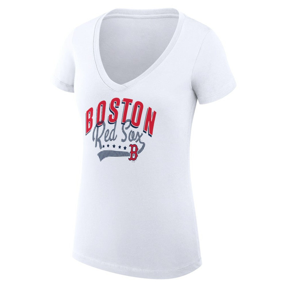 Boston Red Sox G-III 4Her by Carl Banks Women's Super-Slim Fit Lightweight Filigree Team V-Neck T-Shirt White