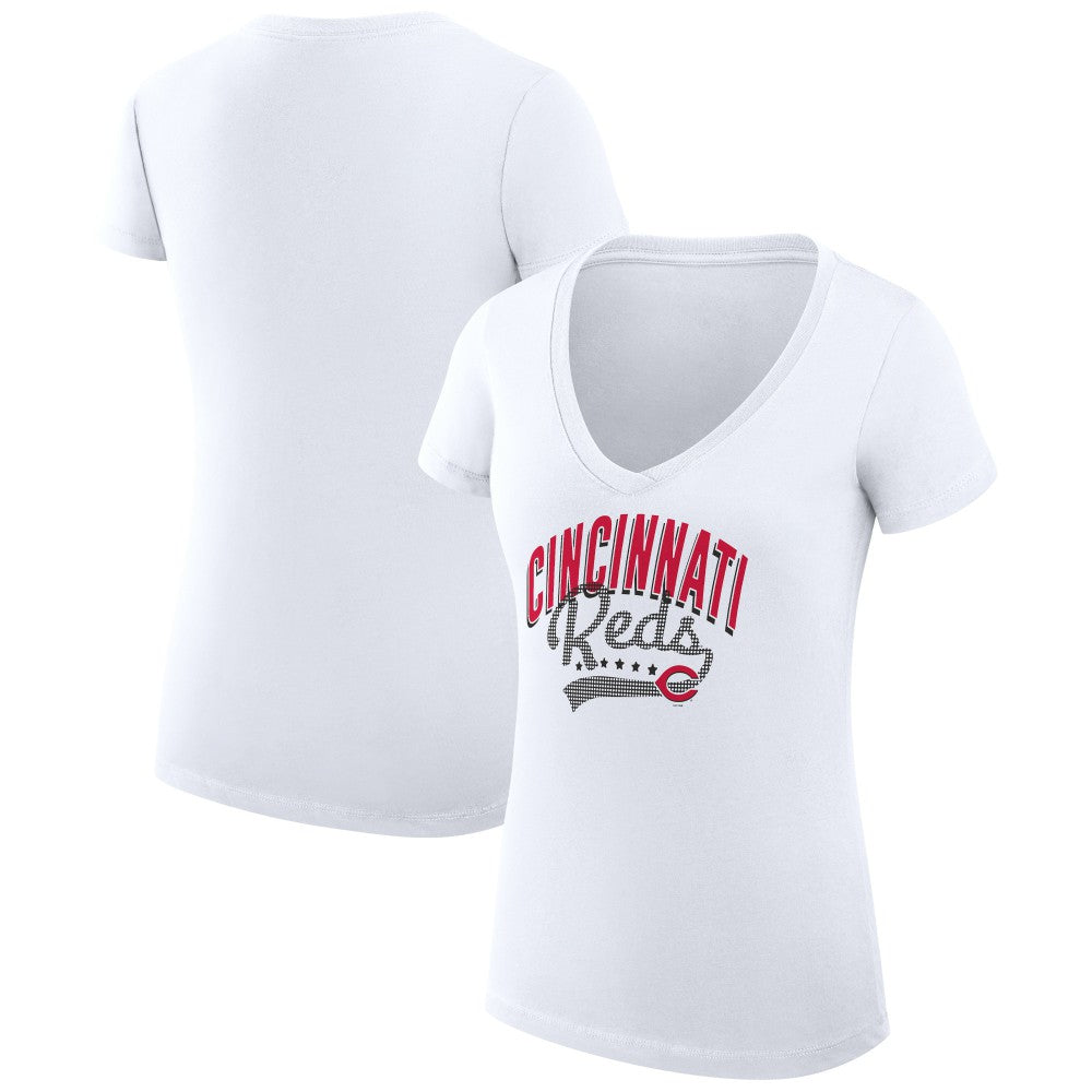 Cincinnati Reds G-III 4Her by Carl Banks Women's Super-Slim Fit Lightweight Filigree Team V-Neck T-Shirt White