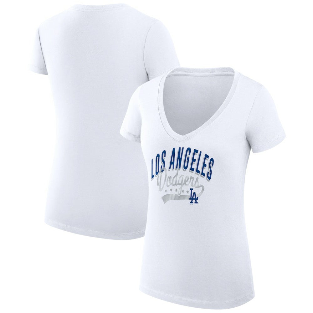 Los Angeles Dodgers G-III 4Her by Carl Banks Women's Super-Slim Fit Lightweight Filigree Team V-Neck T-Shirt White