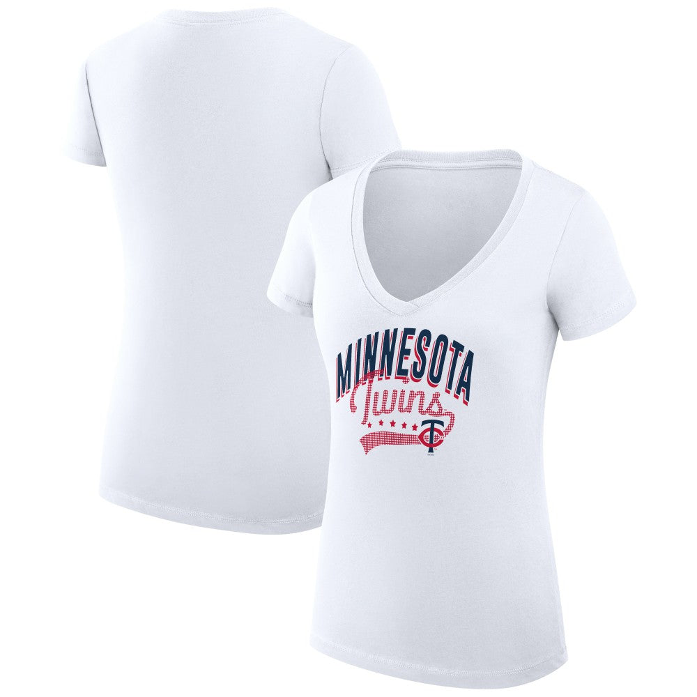 Minnesota Twins G-III 4Her by Carl Banks Women's Super-Slim Fit Lightweight Filigree Team V-Neck T-Shirt White