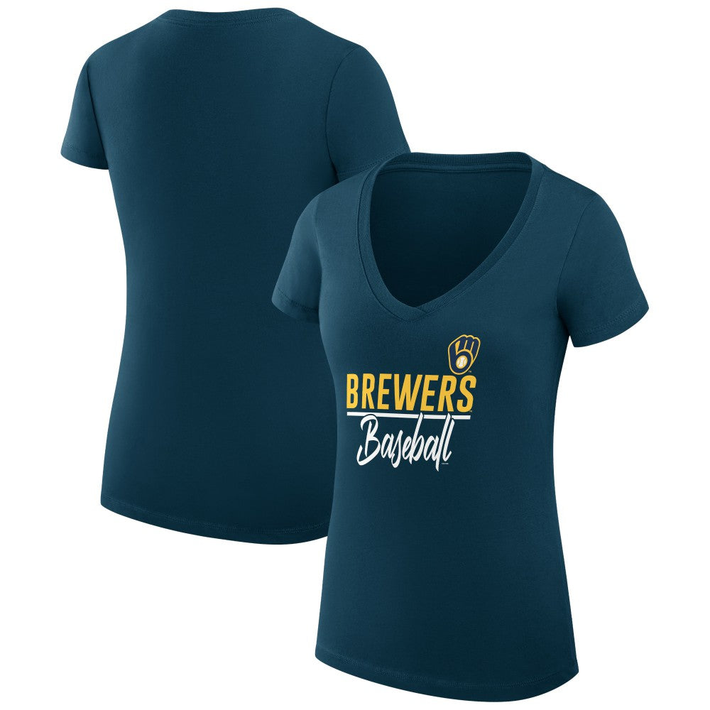 Milwaukee Brewers G-III 4Her by Carl Banks Women's Super-Slim Fit Lightweight Team Graphic V-Neck T-Shirt Navy