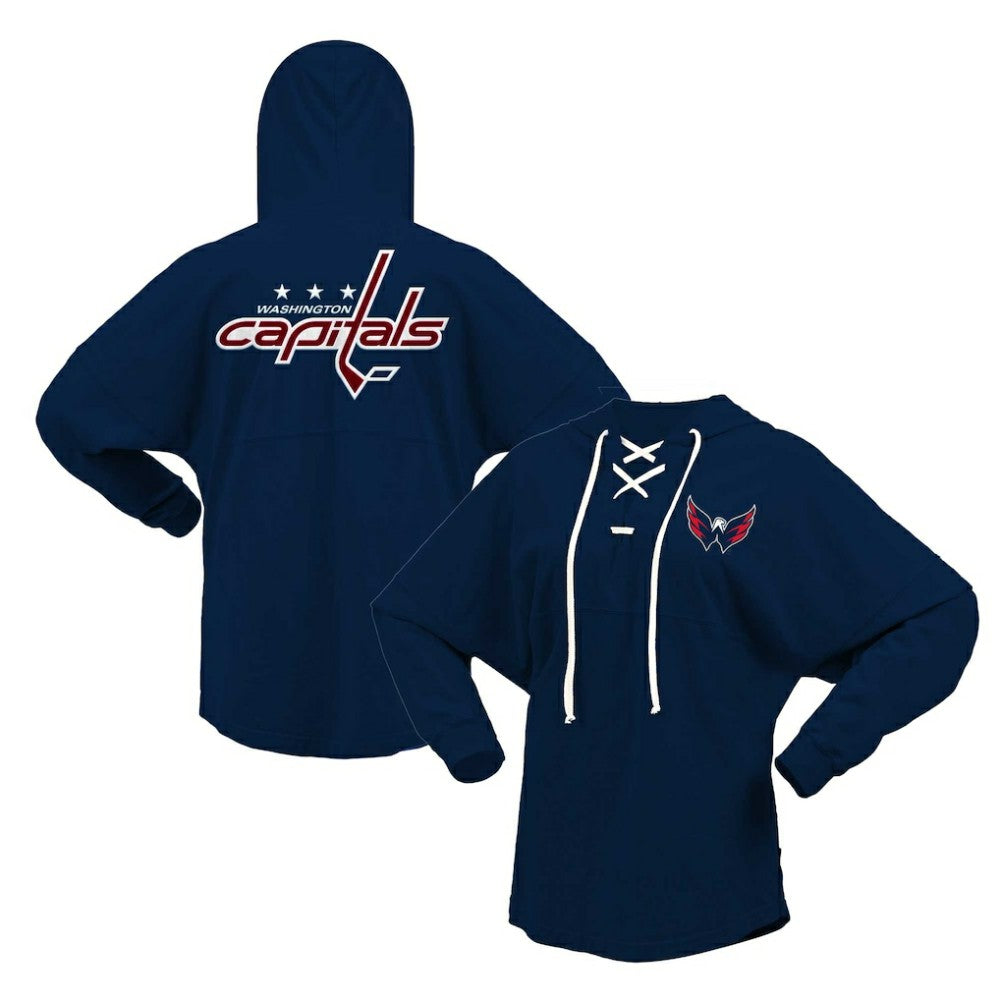 Washington Capitals Fanatics Women's Jersey Lace-Up V-Neck Long Sleeve Hoodie T-Shirt - Navy T-shirts
