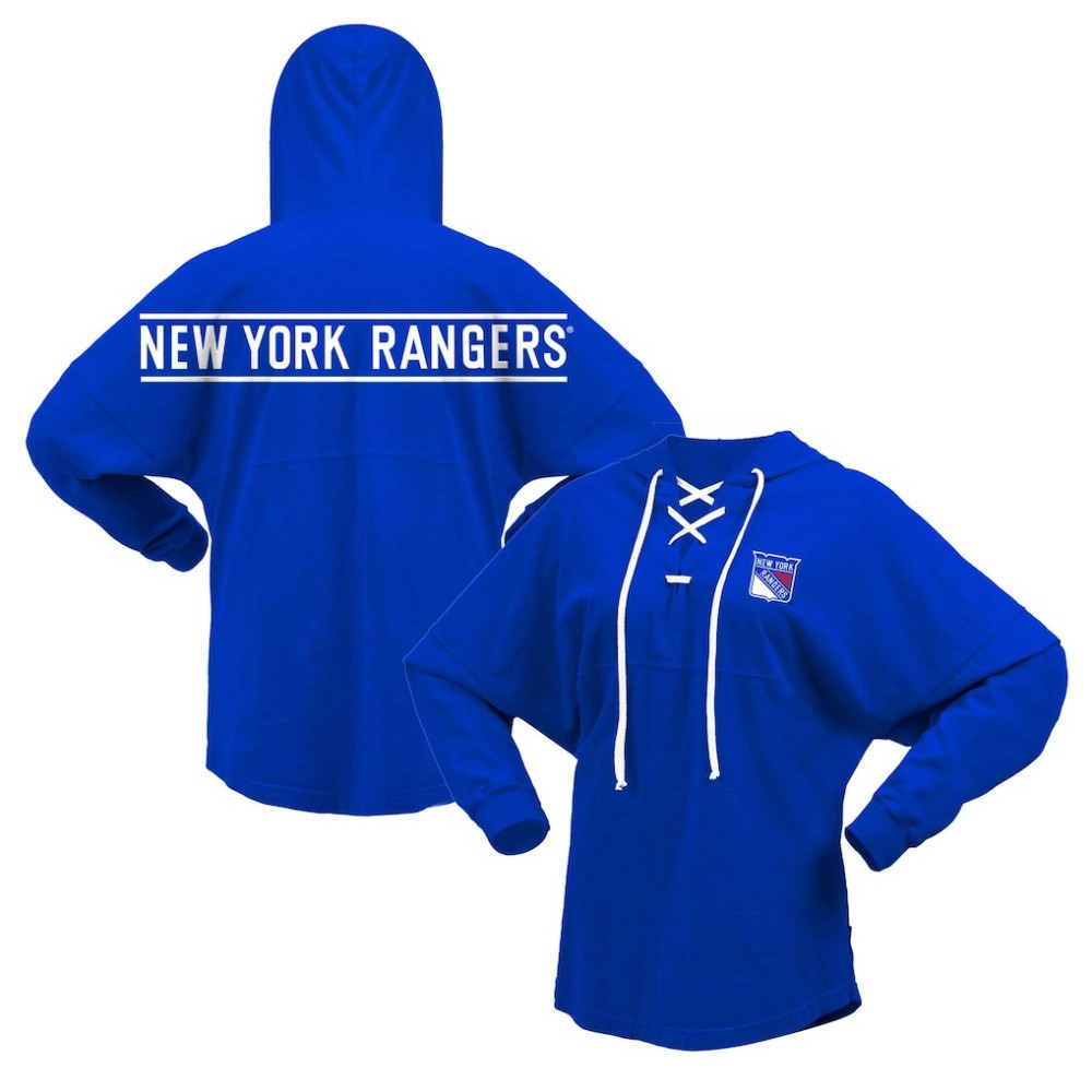 New York Rangers Fanatics Women's Jersey Lace-Up V-Neck Long Sleeve Hoodie T-Shirt - Blue T-shirts