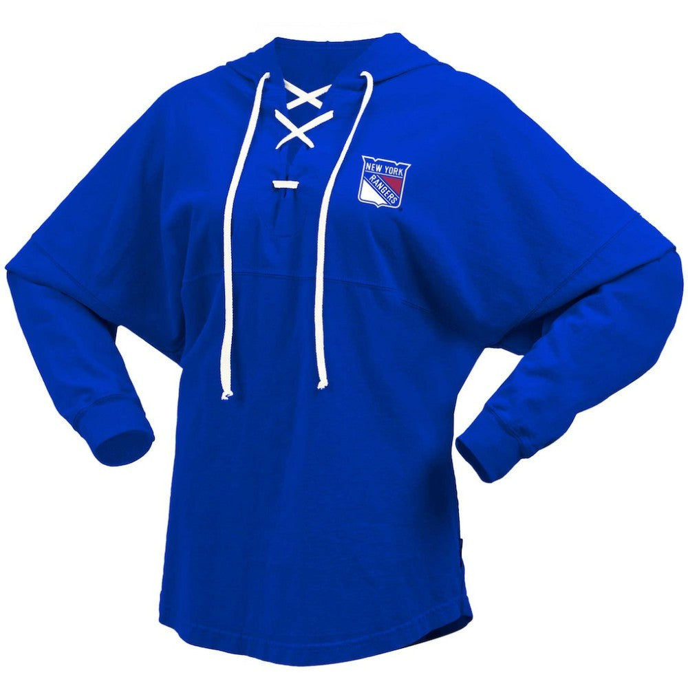 New York Rangers Fanatics Women's Jersey Lace-Up V-Neck Long Sleeve Hoodie T-Shirt - Blue T-shirts