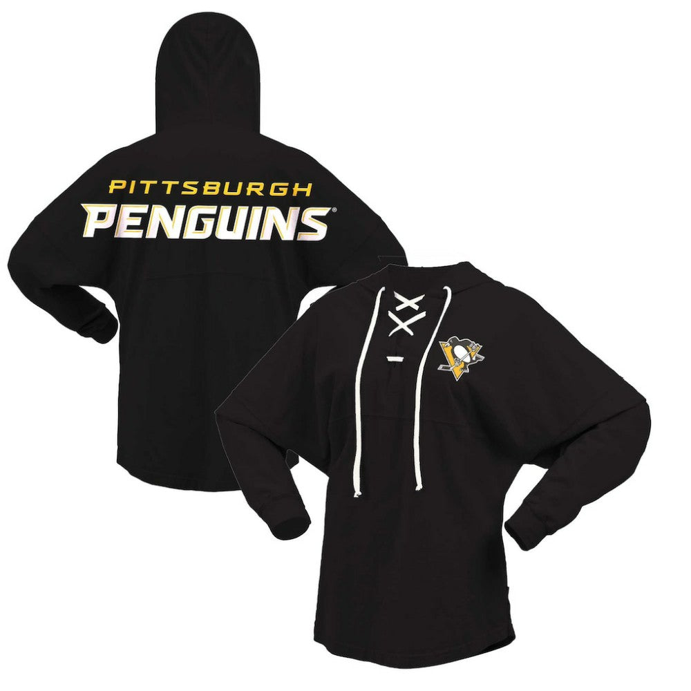 Pittsburgh Penguins Fanatics Women's Jersey Lace-Up V-Neck Long Sleeve Hoodie T-Shirt - Black T-shirts