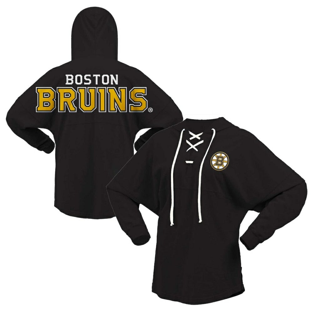 Boston Bruins Fanatics Women's Jersey Lace-Up V-Neck Long Sleeve Hoodie T-Shirt - Black T-shirts