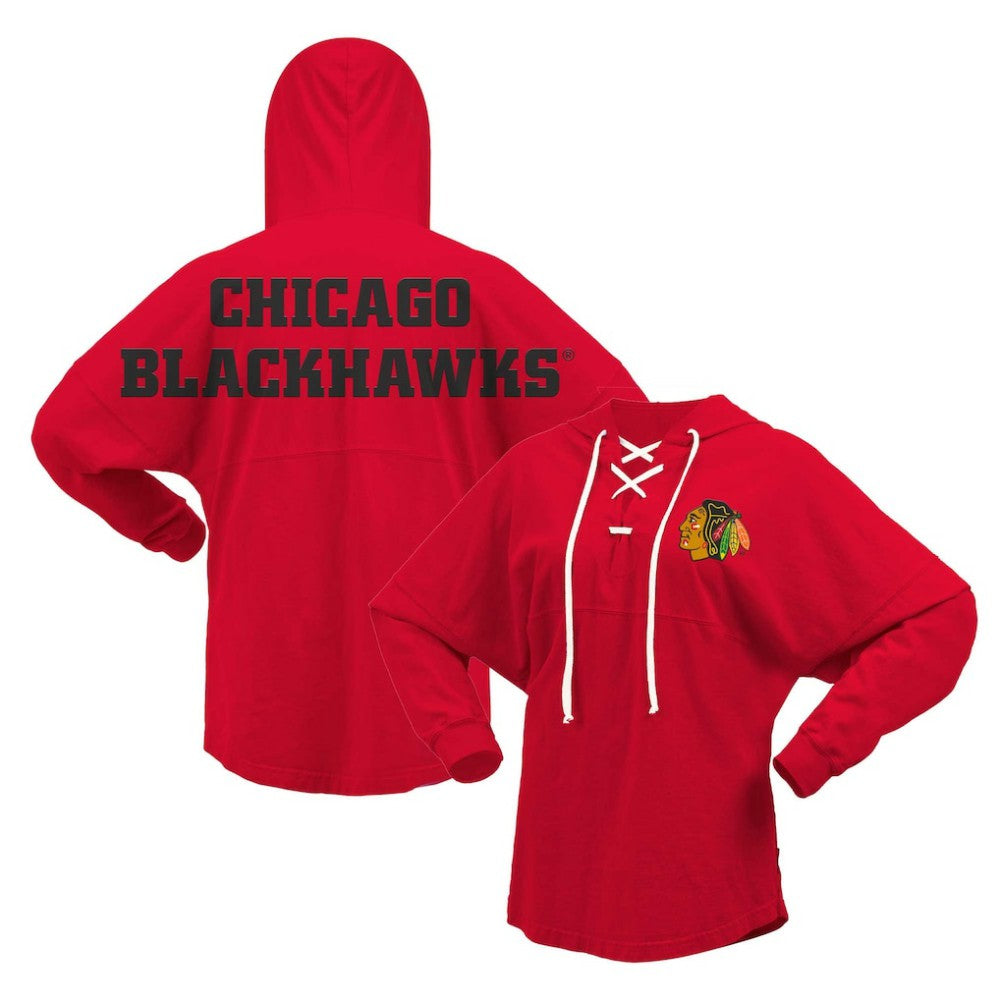 Chicago Blackhawks Fanatics Women's Jersey Lace-Up V-Neck Long Sleeve Hoodie T-Shirt - Red T-shirts