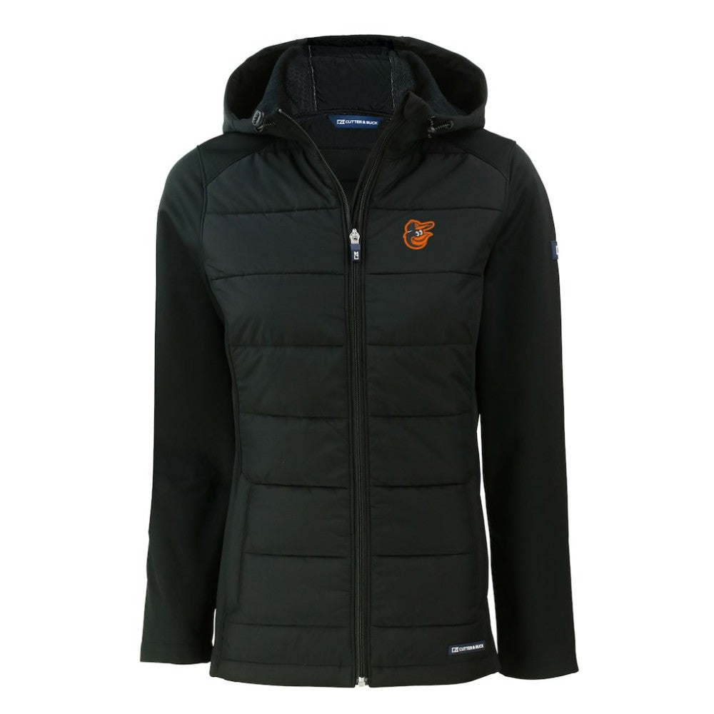 Baltimore Orioles Cutter & Buck Women's Evoke Hybrid Eco Softshell Recycled Full-Zip Hoodie Jacket Black