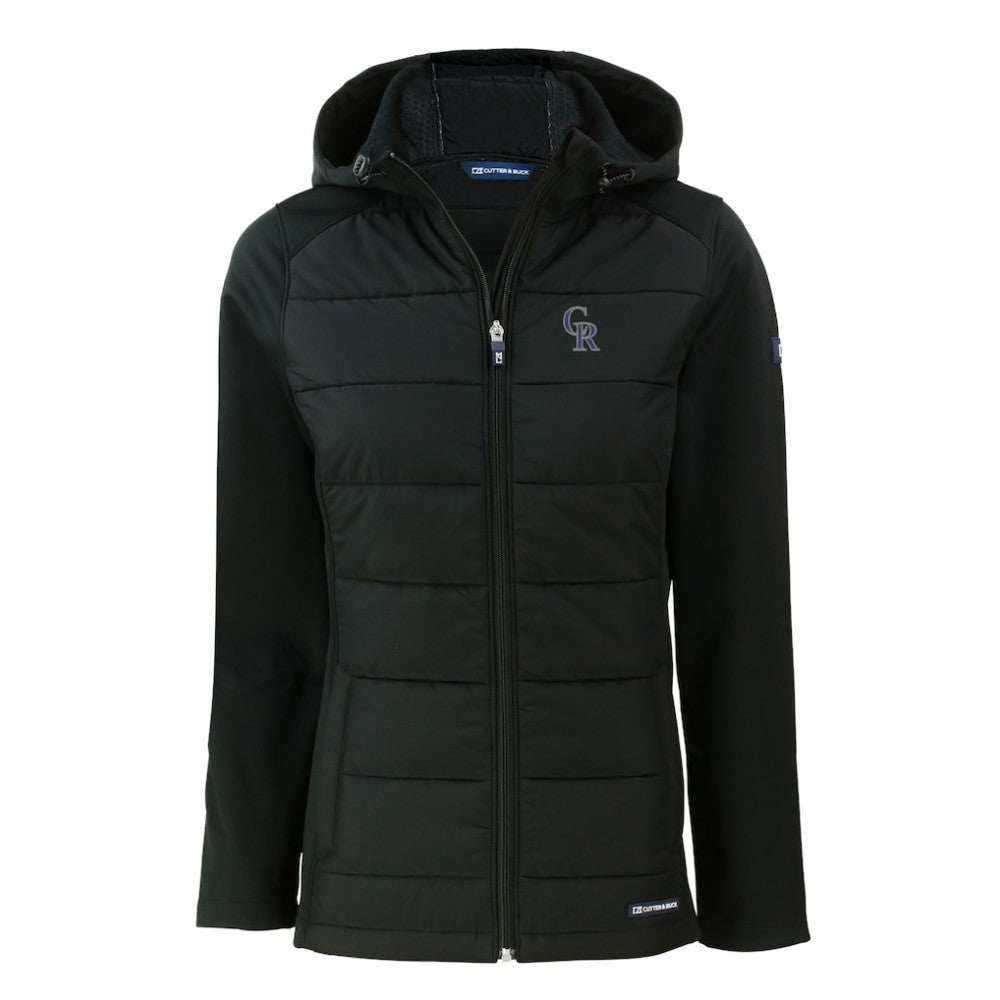 Colorado Rockies Cutter & Buck Women's Evoke Hybrid Eco Softshell Recycled Full-Zip Hoodie Jacket Black