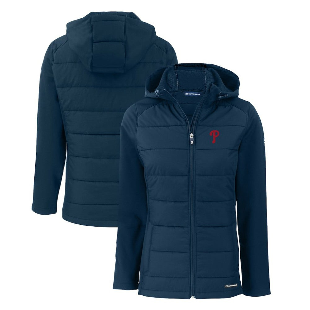 Philadelphia Phillies Cutter & Buck Women's Evoke Hybrid Eco Softshell Recycled Full-Zip Hoodie Jacket Navy