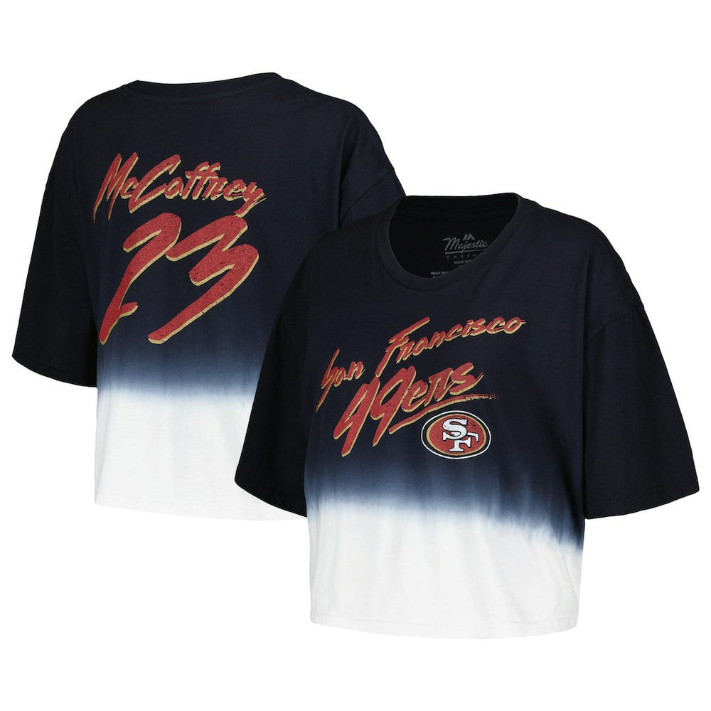 Christian McCaffrey San Francisco 49ers Majestic Threads Women's Dip-Dye Player Name & Number Crop Top - Black/White discount