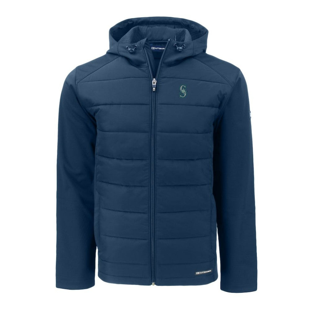 Seattle Mariners Cutter & Buck Evoke Hybrid Eco Softshell Recycled Full-Zip Hoodie Navy