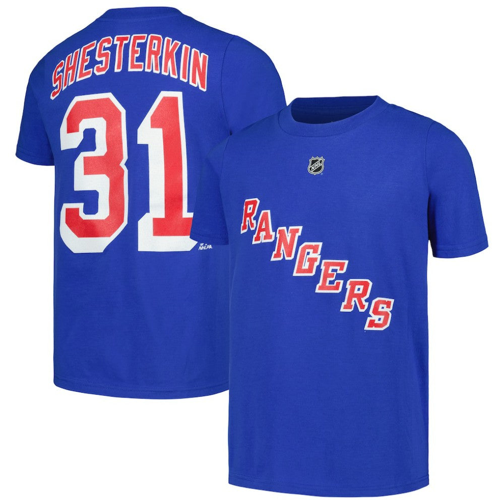 Igor Shesterkin New York Rangers Youth Player Name & Number T-Shirt - Blue T-shirts