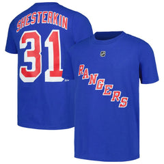 Igor Shesterkin New York Rangers Youth Player Name & Number T-Shirt - Blue T-shirts