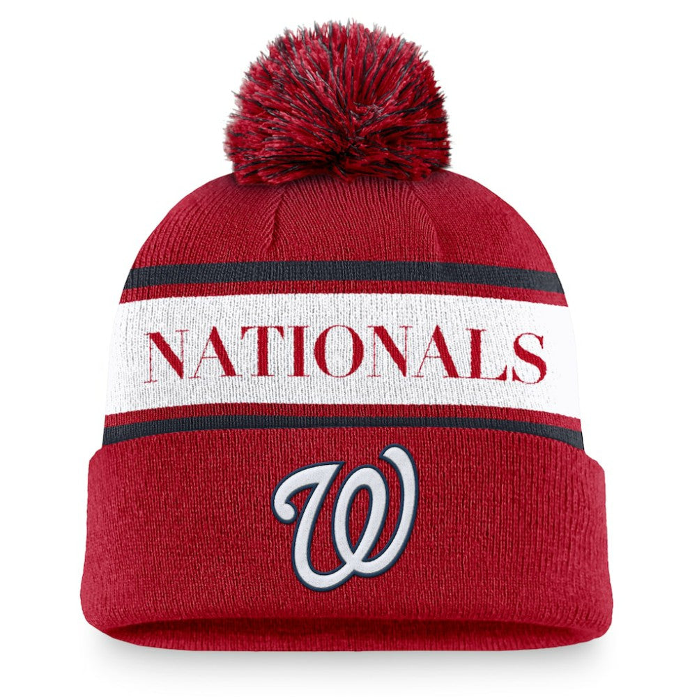Washington Nationals Team Stripe Peak Cuffed Knit Hat with Pom Red