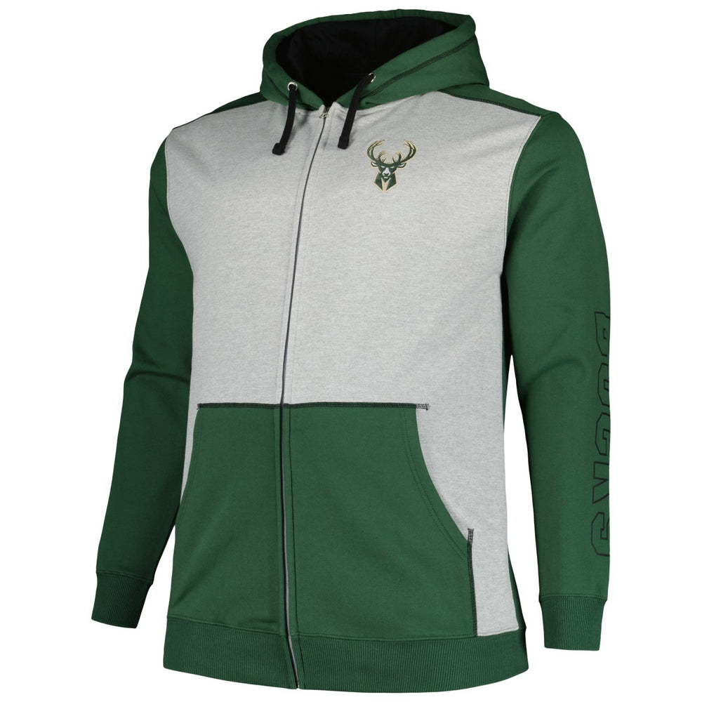 Milwaukee Bucks Big & Tall Contrast Pieced Stitched Full-Zip Hoodie - Hunter Green/Heather Gray outlet