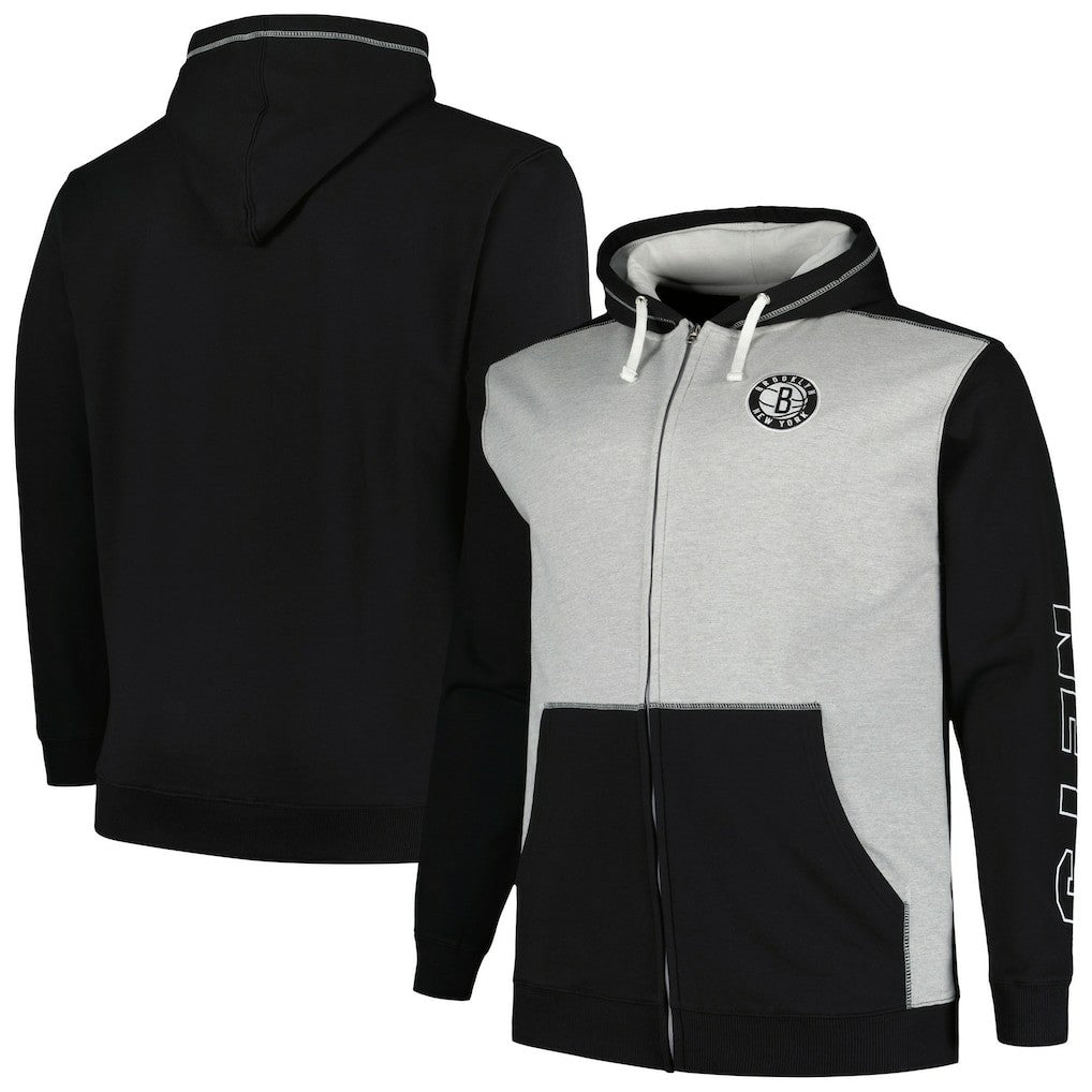 Brooklyn Nets Big & Tall Contrast Pieced Stitched Full-Zip Hoodie - Black/Heather Gray online
