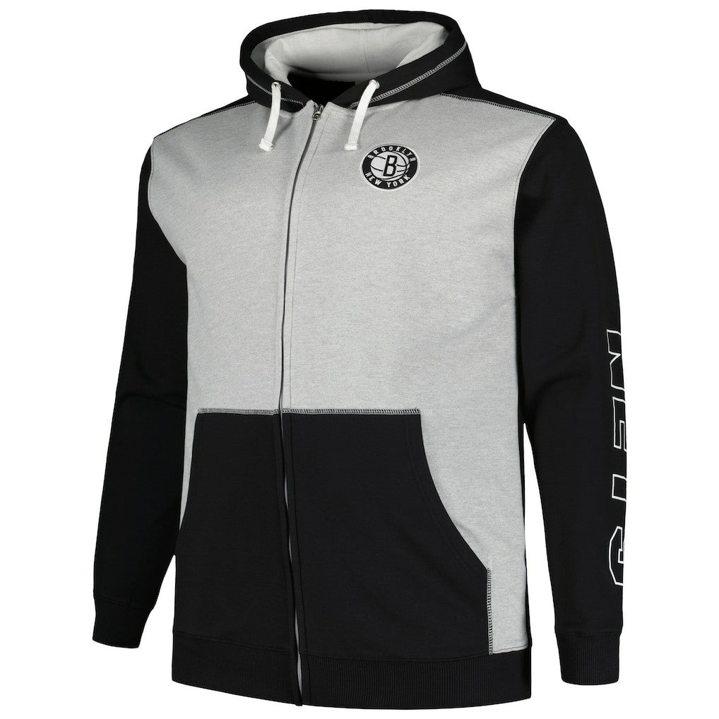 Brooklyn Nets Big & Tall Contrast Pieced Stitched Full-Zip Hoodie - Black/Heather Gray online