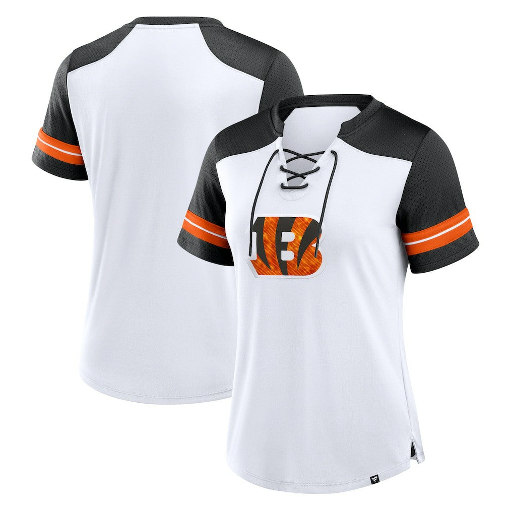 Cincinnati Bengals Women's Foiled Primary Lace-Up T-Shirt - White/Black for sale