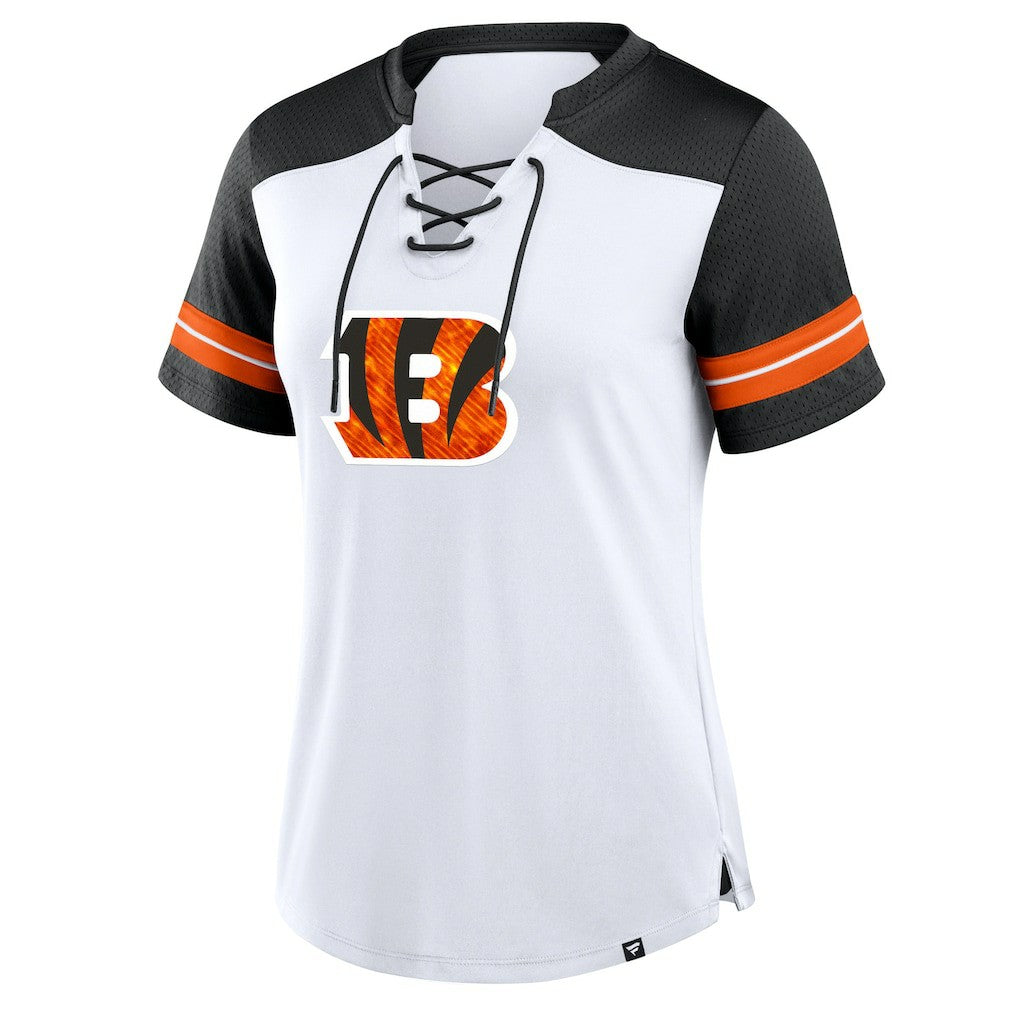 Cincinnati Bengals Women's Foiled Primary Lace-Up T-Shirt - White/Black for sale