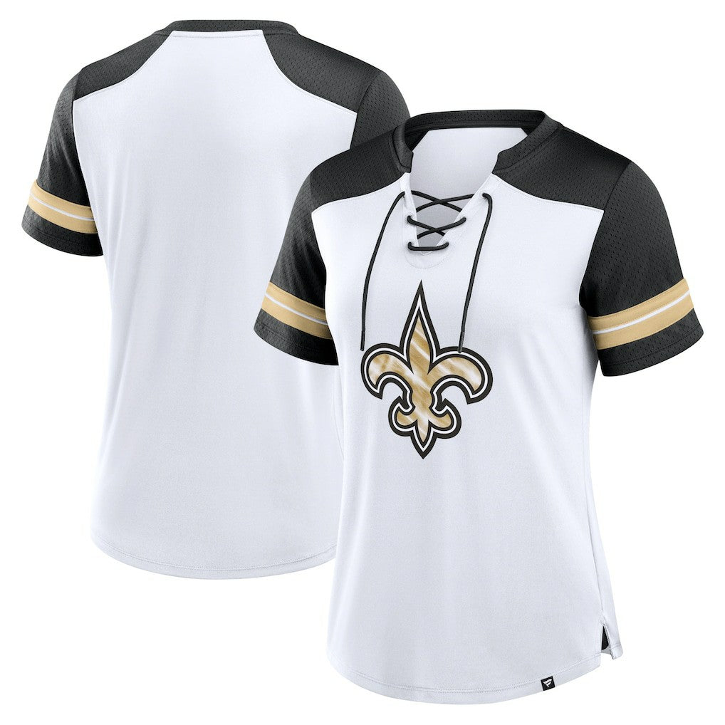New Orleans Saints Women's Foiled Primary Lace-Up T-Shirt - White/Black discount