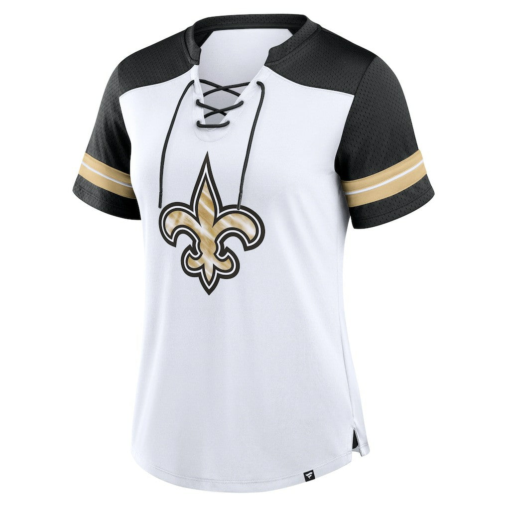 New Orleans Saints Women's Foiled Primary Lace-Up T-Shirt - White/Black discount