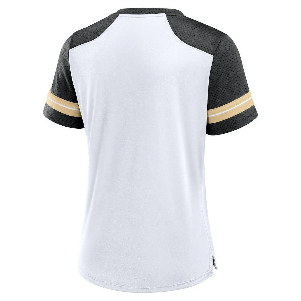 New Orleans Saints Women's Foiled Primary Lace-Up T-Shirt - White/Black discount