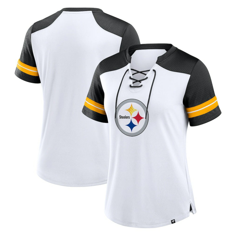 Pittsburgh Steelers Women's Foiled Primary Lace-Up T-Shirt - White/Black online