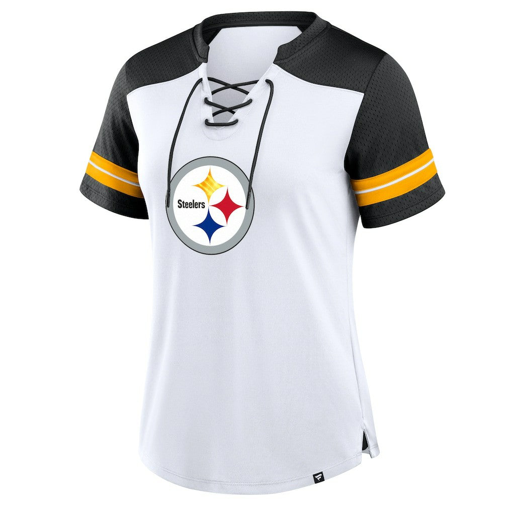 Pittsburgh Steelers Women's Foiled Primary Lace-Up T-Shirt - White/Black online