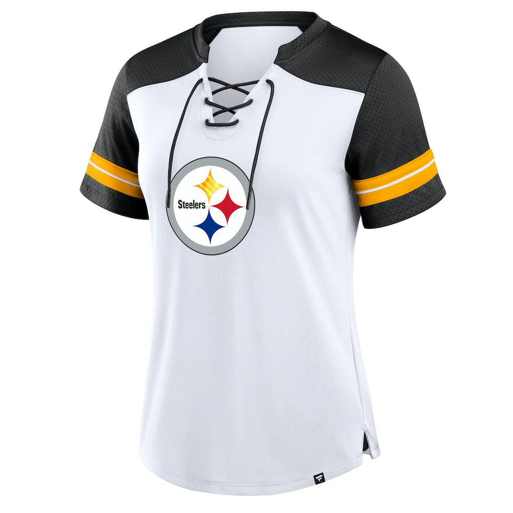 Pittsburgh Steelers Women's Foiled Primary Lace-Up T-Shirt - White/Black online