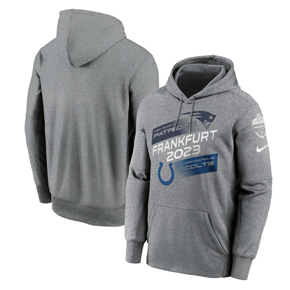 New England Patriots vs. Indianapolis Colts 2023 Frankfurt Game Pullover Hoodie - Heather Charcoal sale