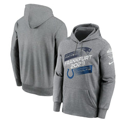 New England Patriots vs. Indianapolis Colts 2023 Frankfurt Game Pullover Hoodie - Heather Charcoal sale
