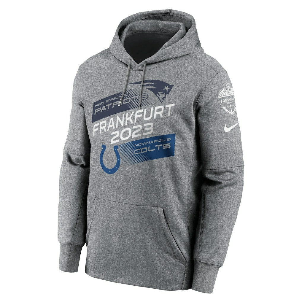 New England Patriots vs. Indianapolis Colts 2023 Frankfurt Game Pullover Hoodie - Heather Charcoal sale