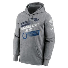 New England Patriots vs. Indianapolis Colts 2023 Frankfurt Game Pullover Hoodie - Heather Charcoal sale