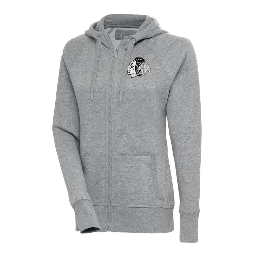 Chicago Blackhawks Antigua Women's Metallic Logo Victory Full-Zip Hoodie - Heather Gray Hoodies