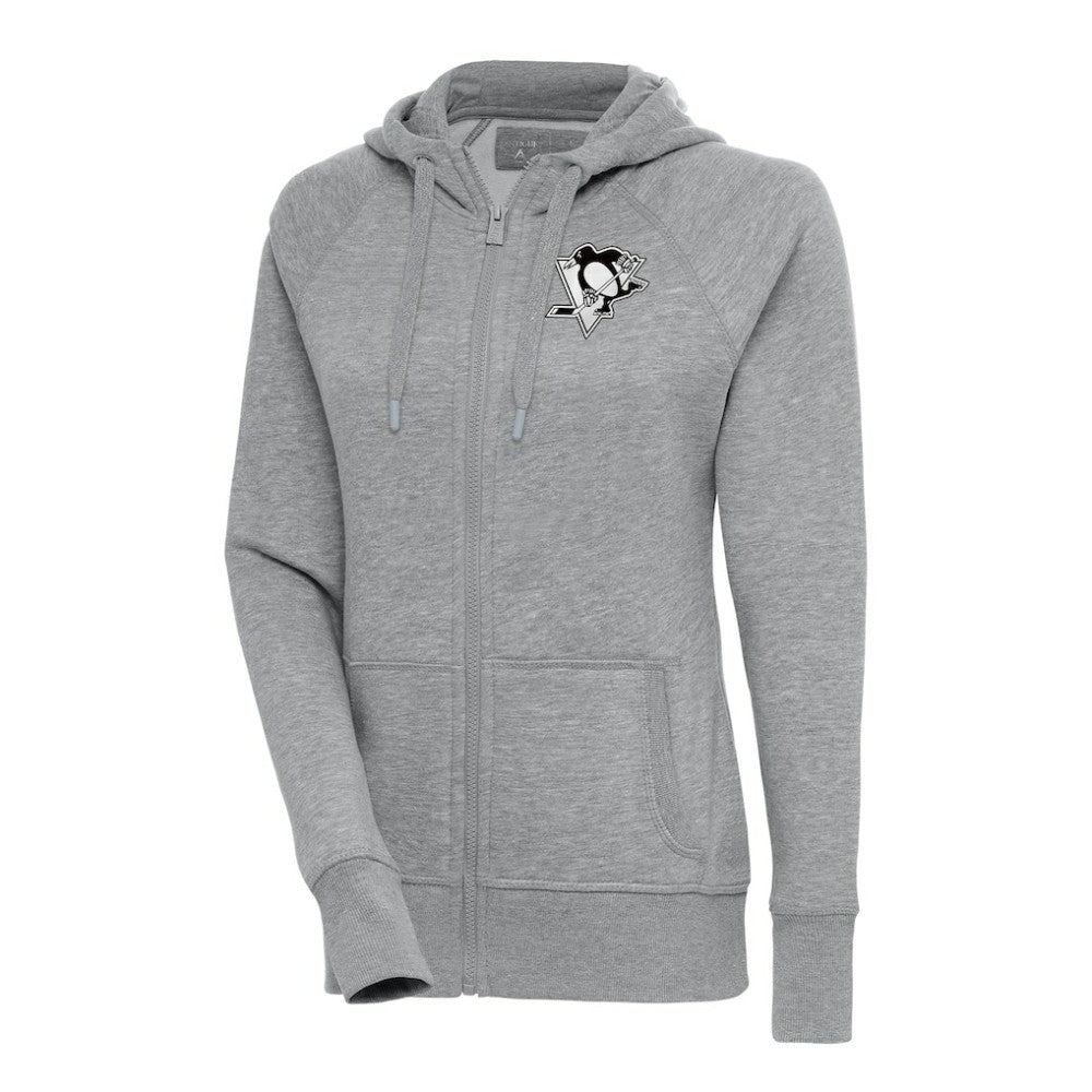 Pittsburgh Penguins Antigua Women's Metallic Logo Victory Full-Zip Hoodie - Heather Gray Hoodies