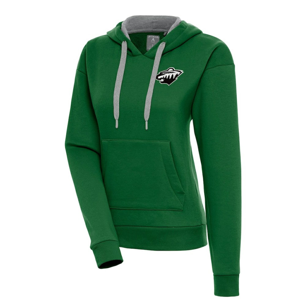 Minnesota Wild Antigua Women's Metallic Logo Victory Pullover Hoodie - Green Hoodies