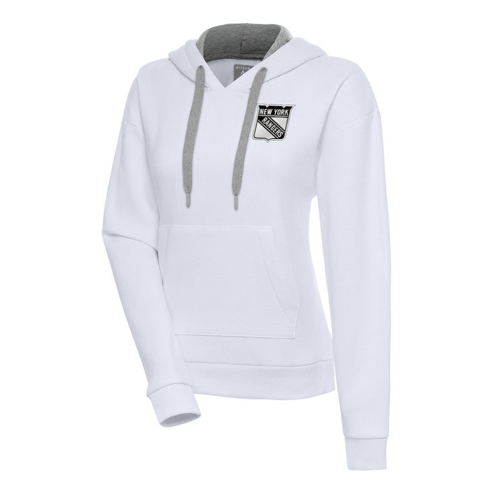 New York Rangers Antigua Women's Metallic Logo Victory Pullover Hoodie - White Hoodies