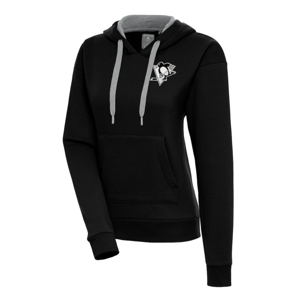 Pittsburgh Penguins Antigua Women's Metallic Logo Victory Pullover Hoodie - Black Hoodies