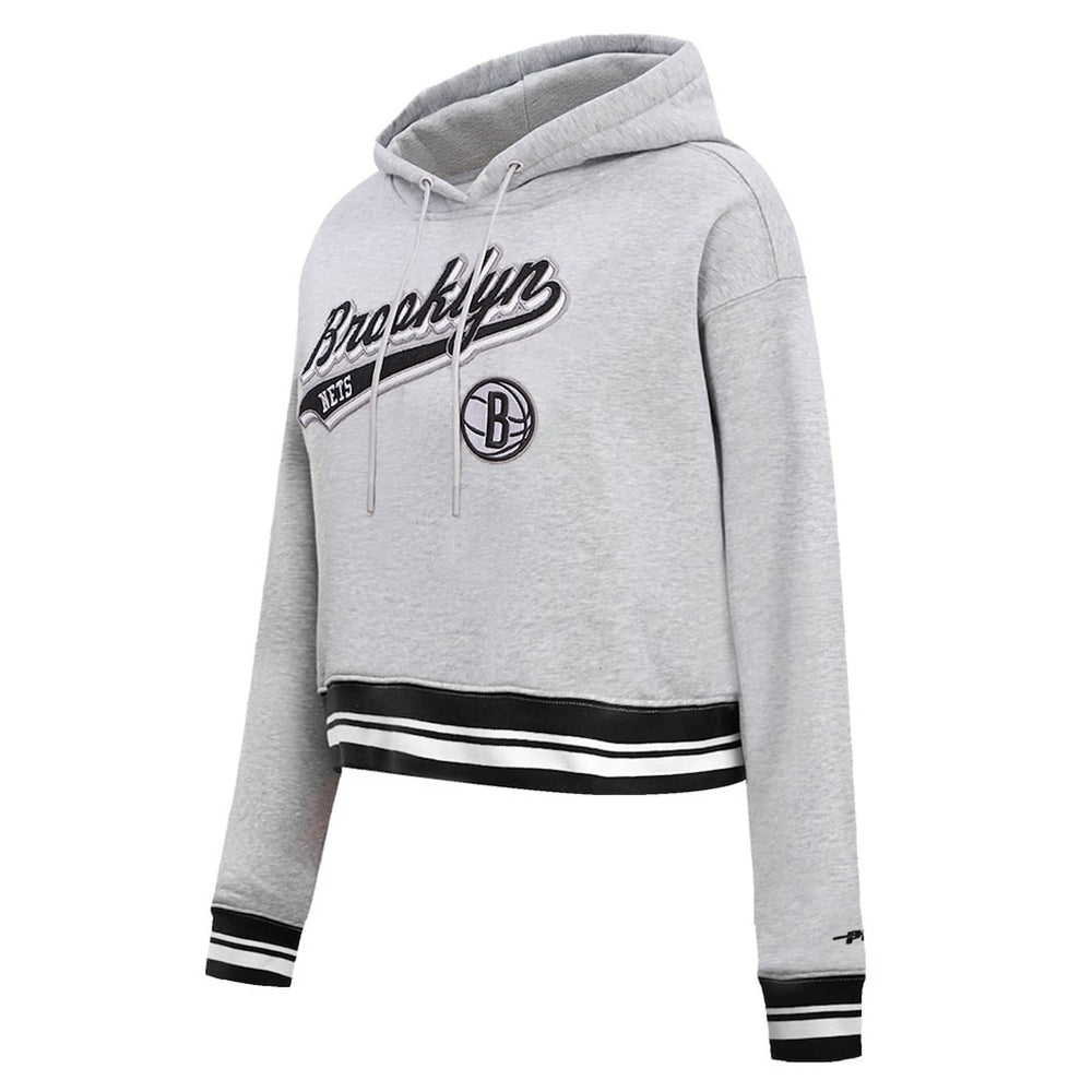 Brooklyn Nets Pro Standard Women's Script Tail Cropped Pullover Hoodie - Heather Gray shop