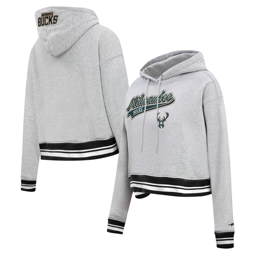 Milwaukee Bucks Pro Standard Women's Script Tail Cropped Pullover Hoodie - Heather Gray outlet