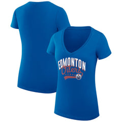 Edmonton Oilers G-III 4Her by Carl Banks Women's Super-Slim Fit Lightweight Filigree Logo V-Neck T-Shirt – Royal T-shirts
