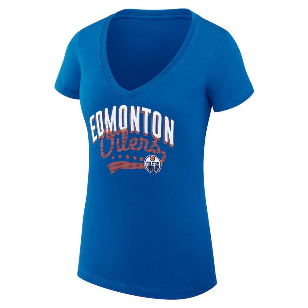 Edmonton Oilers G-III 4Her by Carl Banks Women's Super-Slim Fit Lightweight Filigree Logo V-Neck T-Shirt – Royal T-shirts