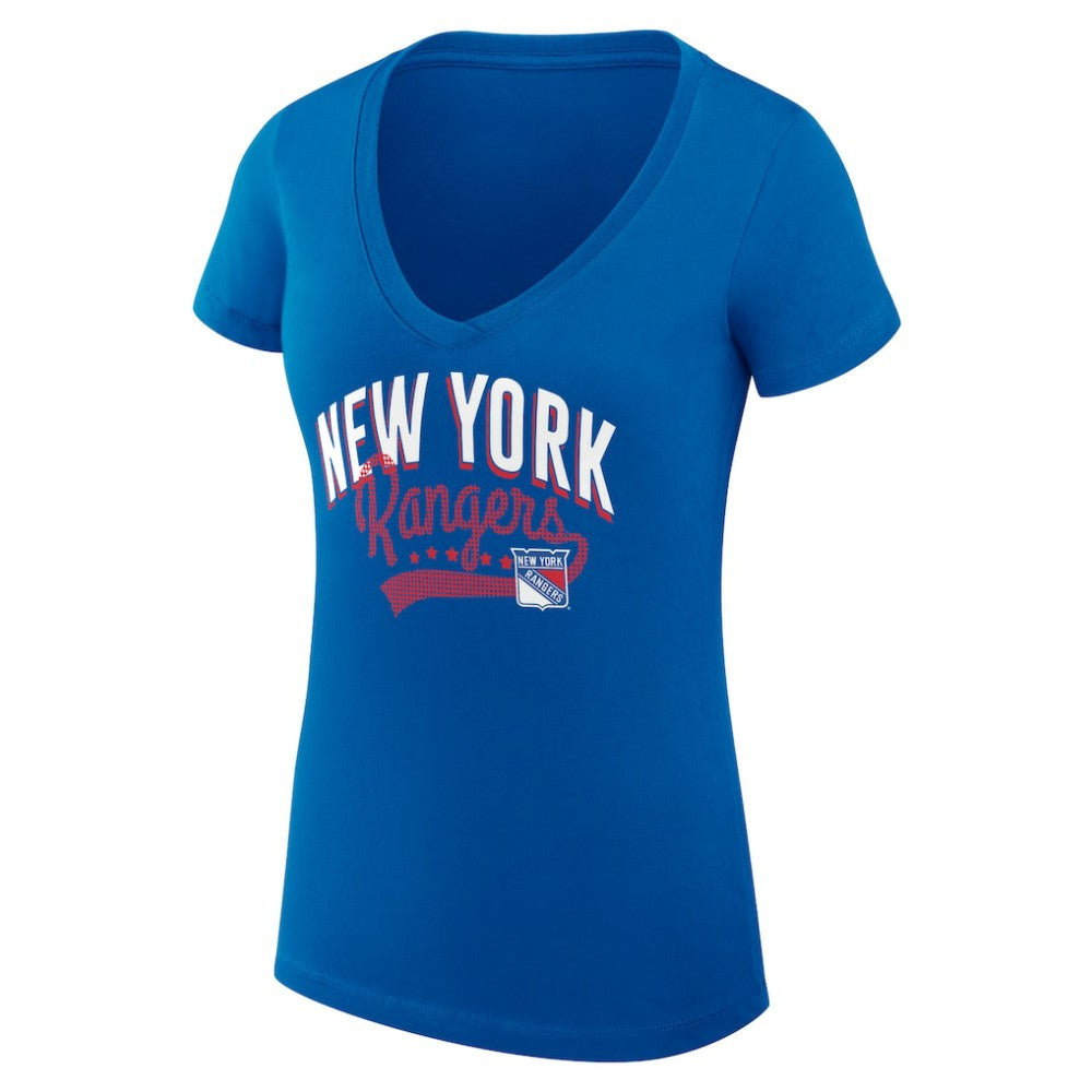 New York Rangers G-III 4Her by Carl Banks Women's Super-Slim Fit Lightweight Filigree Logo V-Neck T-Shirt – Blue T-shirts