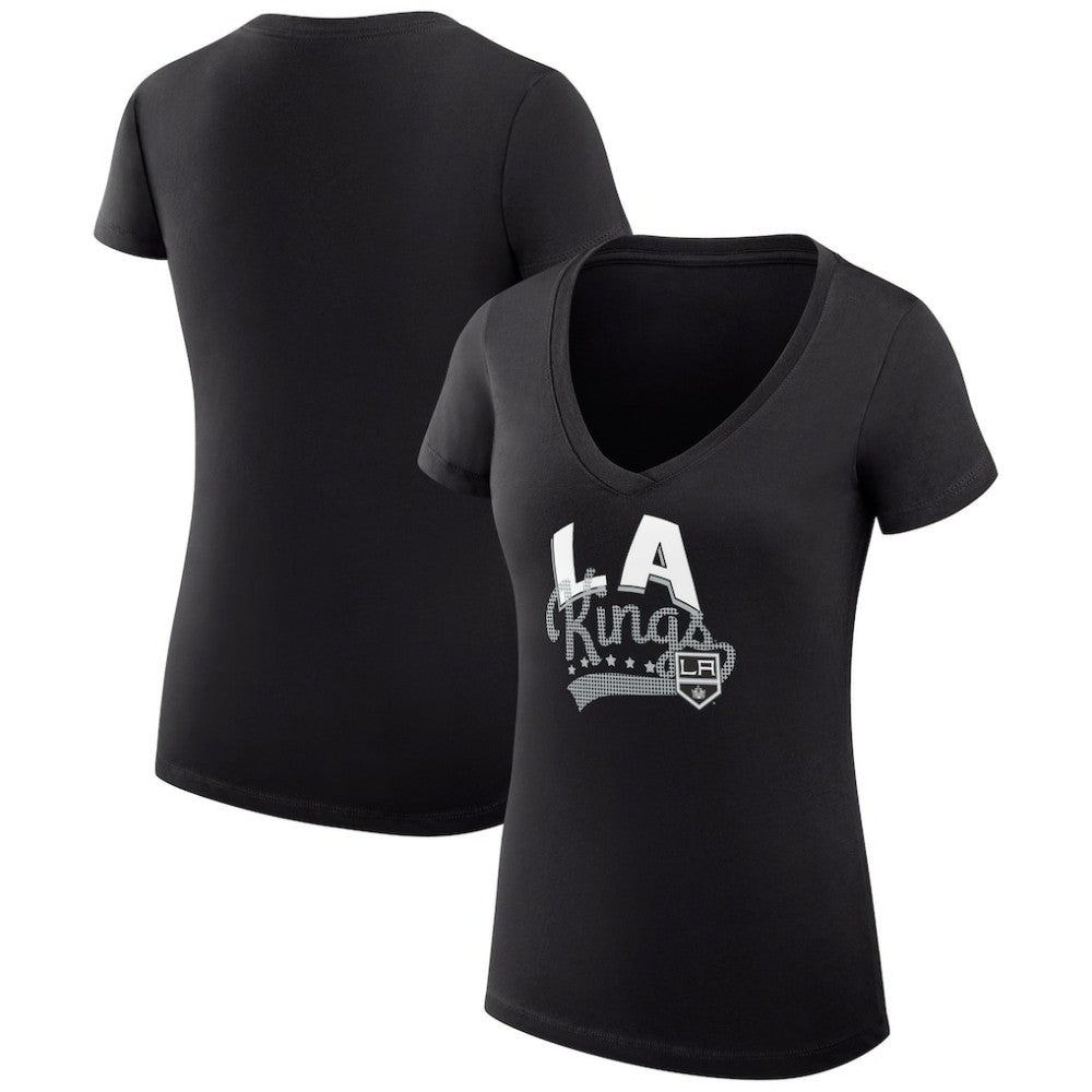 Los Angeles Kings G-III 4Her by Carl Banks Women's Super-Slim Fit Lightweight Filigree Logo V-Neck T-Shirt – Black T-shirts