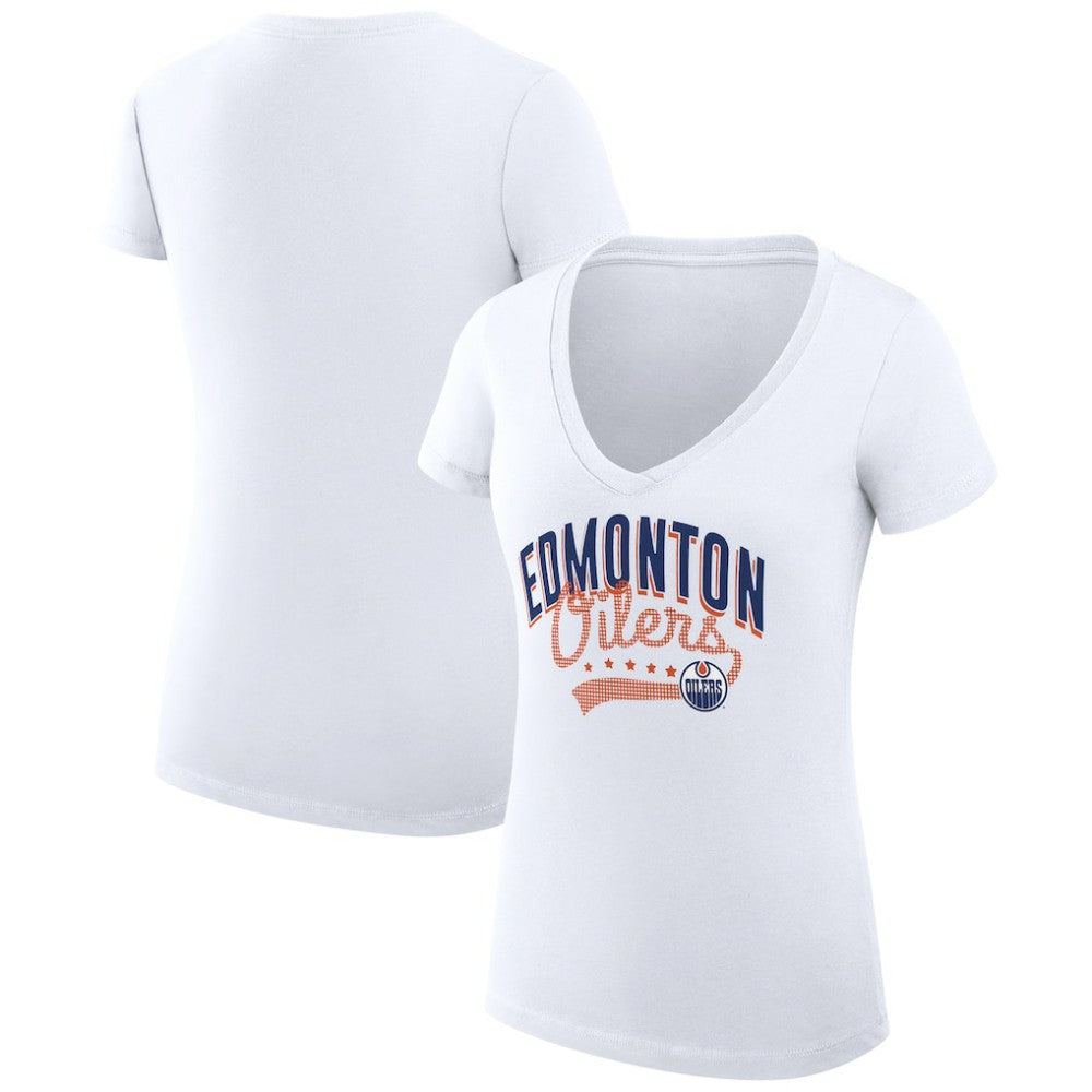 Edmonton Oilers G-III 4Her by Carl Banks Women's Super-Slim Fit Lightweight Filigree Logo V-Neck T-Shirt – White T-shirts