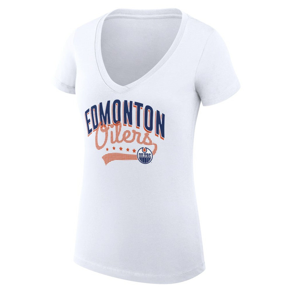 Edmonton Oilers G-III 4Her by Carl Banks Women's Super-Slim Fit Lightweight Filigree Logo V-Neck T-Shirt – White T-shirts